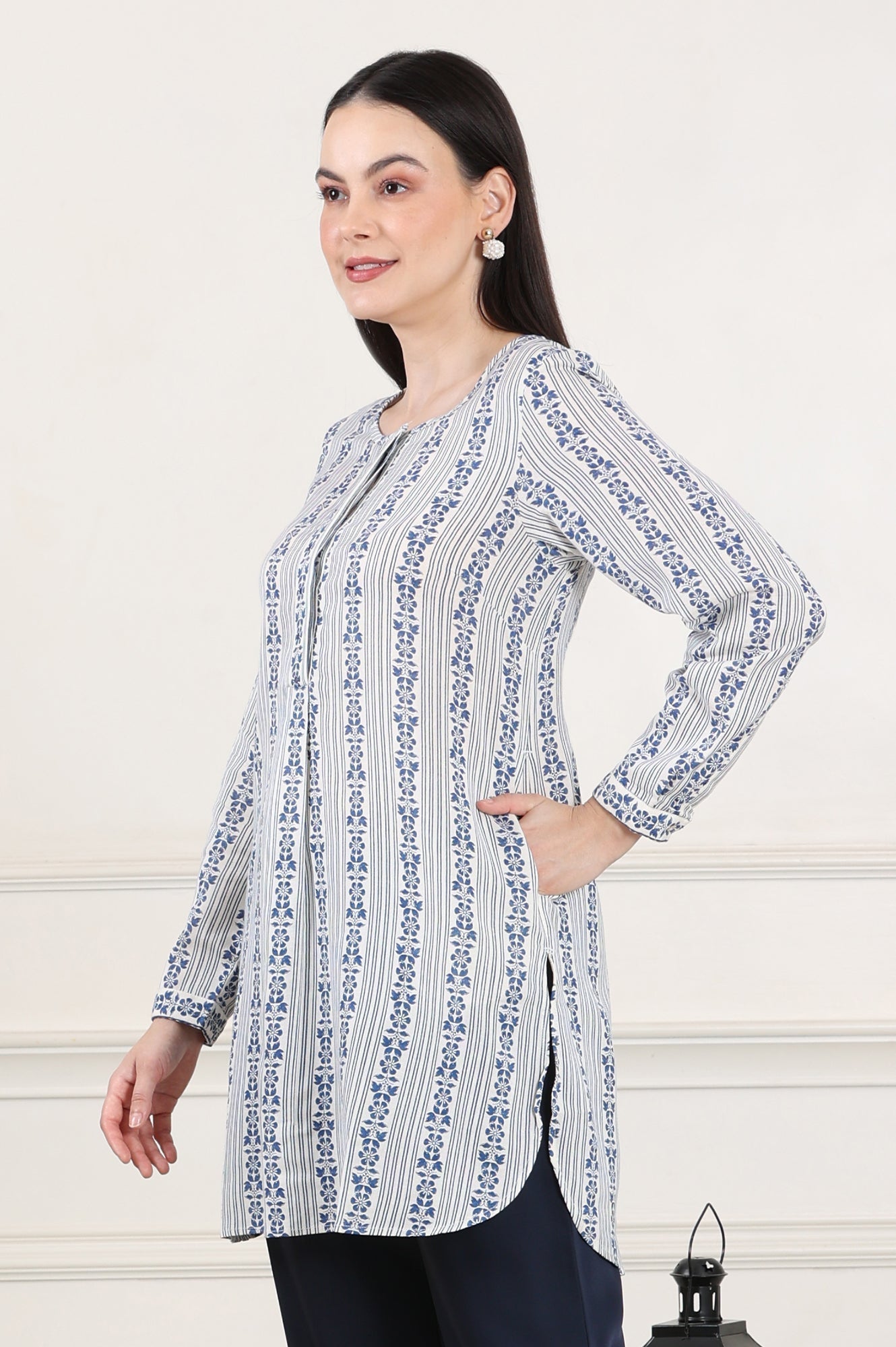 W for Woman White Floral Printed Rayon Flax Tunic With Front Pleats