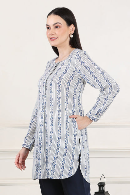 W for Woman White Floral Printed Rayon Flax Tunic With Front Pleats