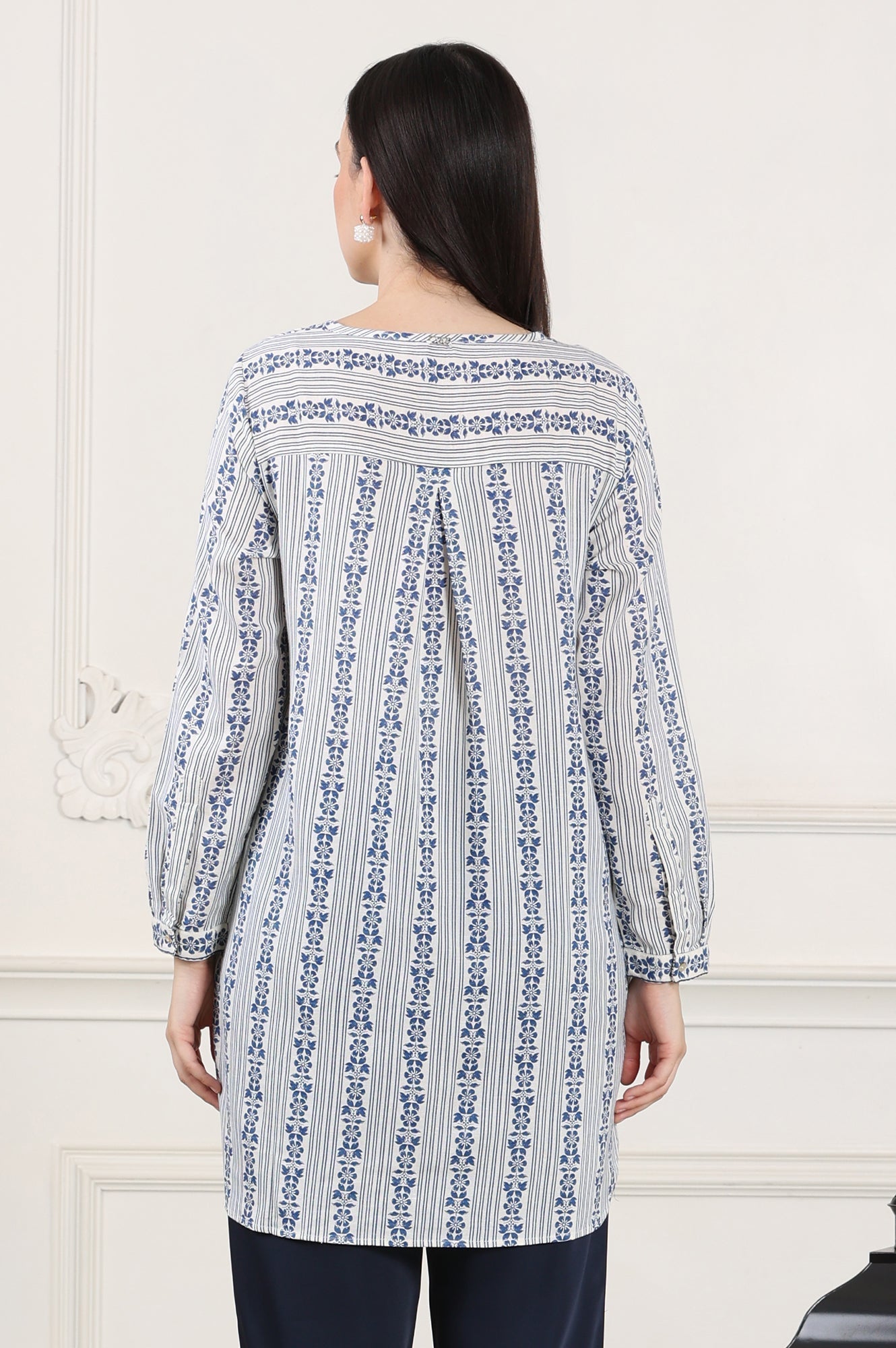 W for Woman White Floral Printed Rayon Flax Tunic With Front Pleats