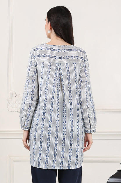 W for Woman White Floral Printed Rayon Flax Tunic With Front Pleats