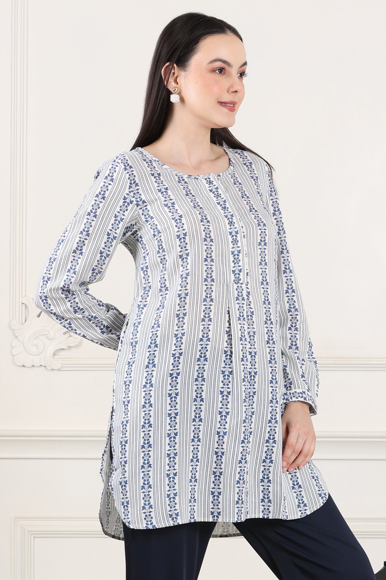 W for Woman White Floral Printed Rayon Flax Tunic With Front Pleats