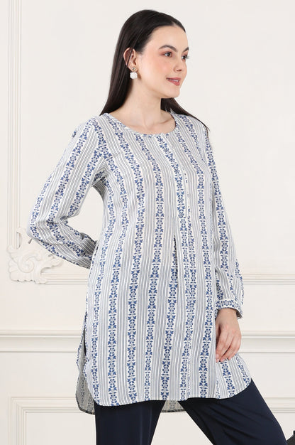 W for Woman White Floral Printed Rayon Flax Tunic With Front Pleats