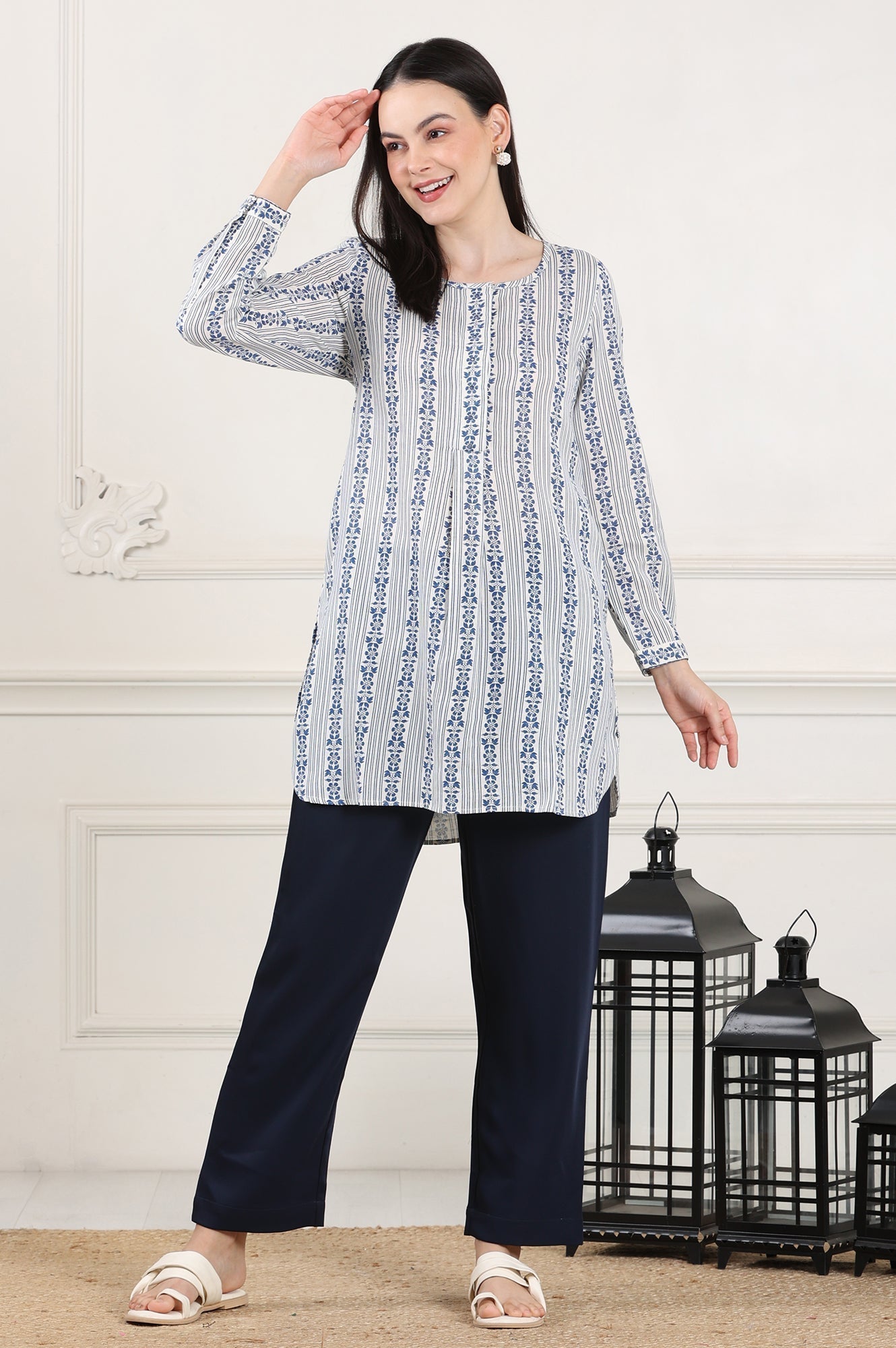 W for Woman White Floral Printed Rayon Flax Tunic With Front Pleats