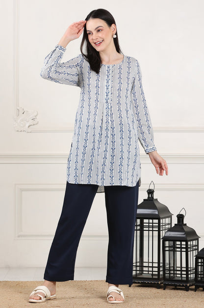 W for Woman White Floral Printed Rayon Flax Tunic With Front Pleats