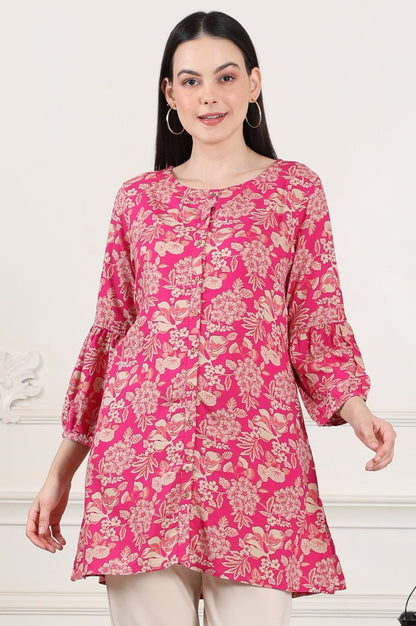 W for Woman Pink Floral Printed Rayon Button Down Tunic