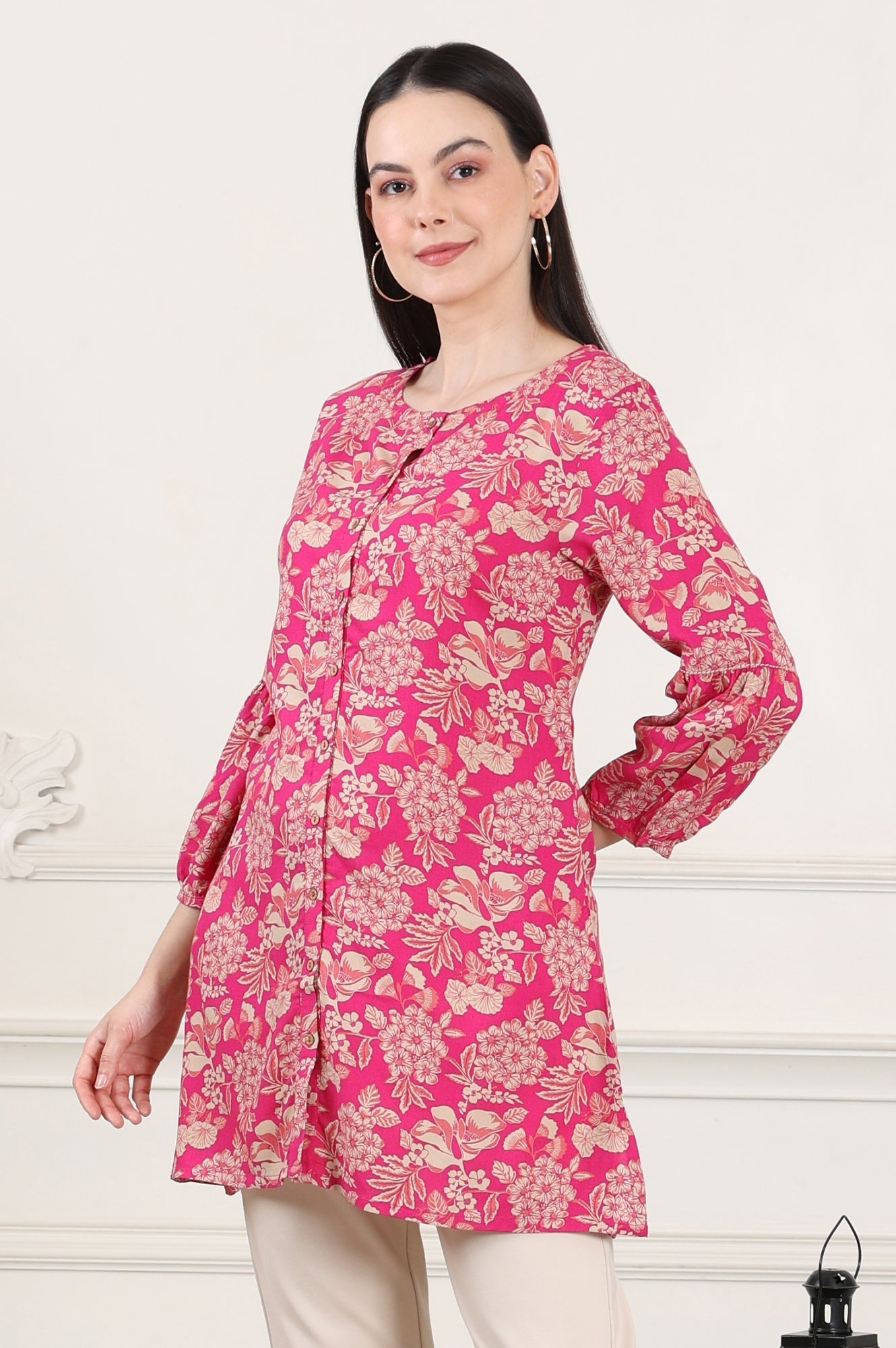 W for Woman Pink Floral Printed Rayon Button Down Tunic