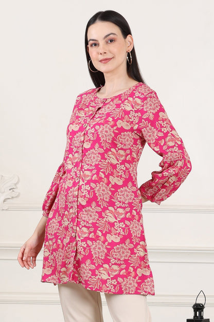 W for Woman Pink Floral Printed Rayon Button Down Tunic