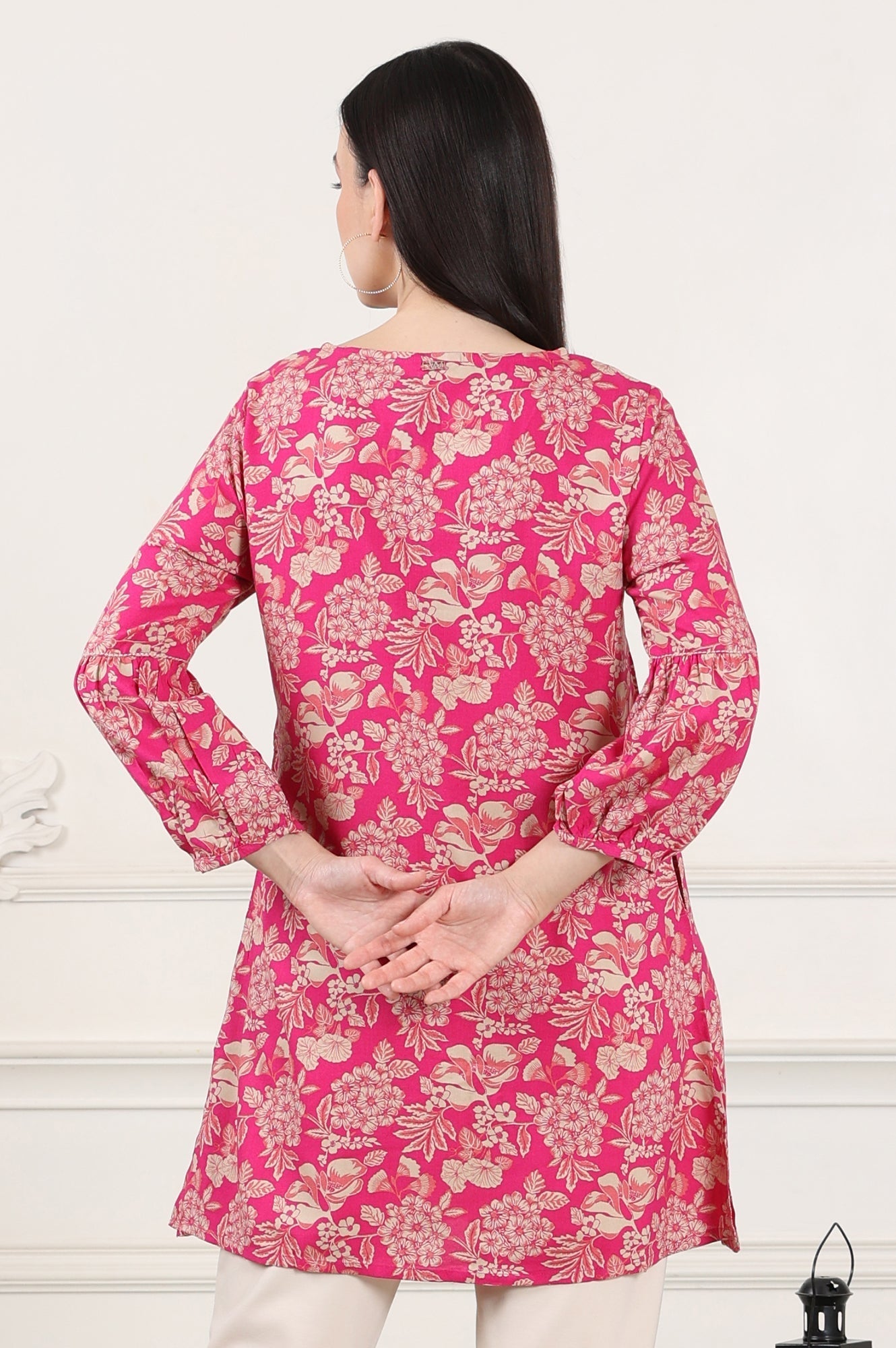 W for Woman Pink Floral Printed Rayon Button Down Tunic