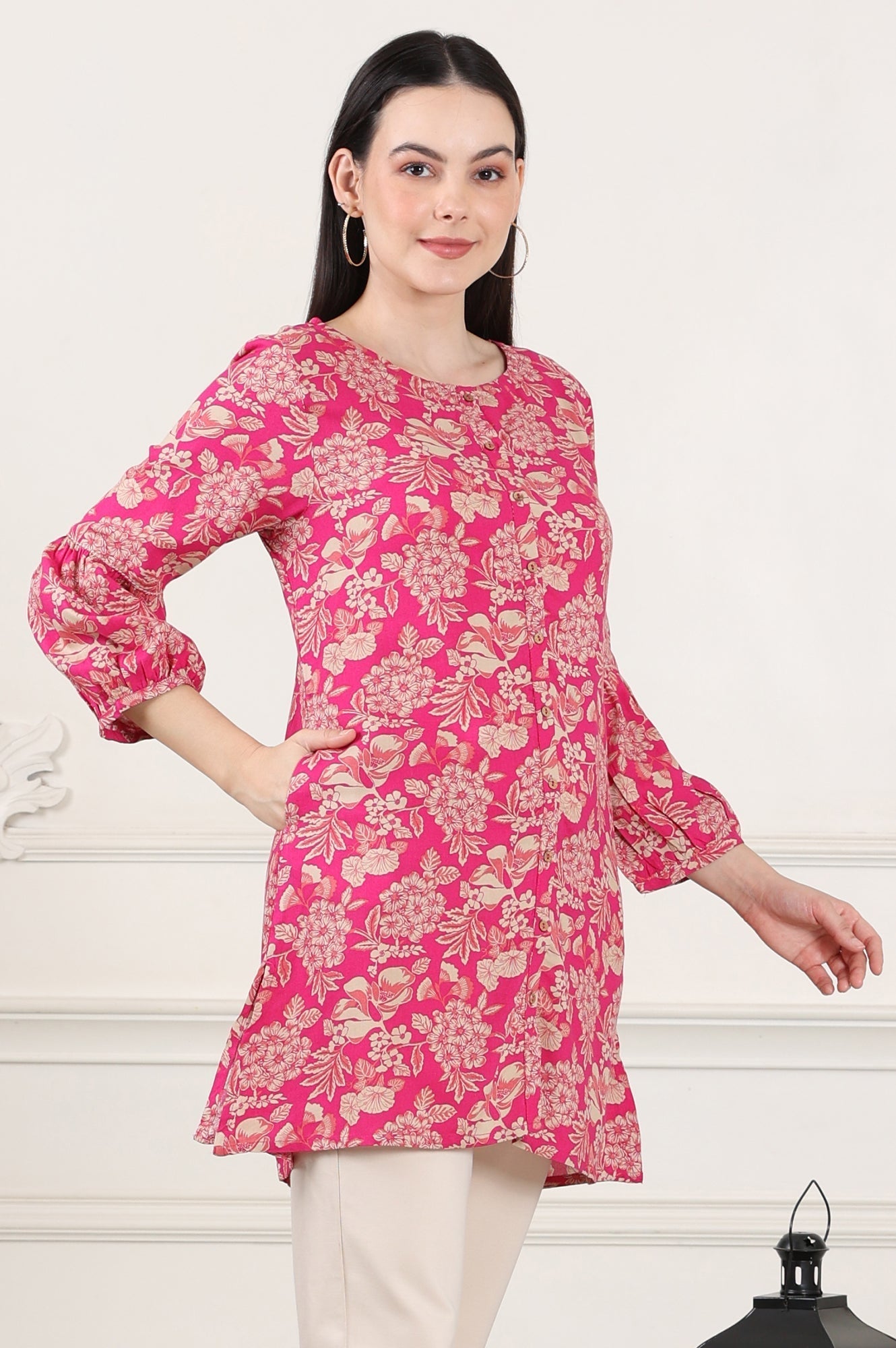 W for Woman Pink Floral Printed Rayon Button Down Tunic