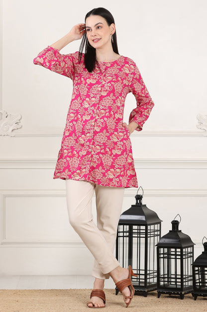 W for Woman Pink Floral Printed Rayon Button Down Tunic