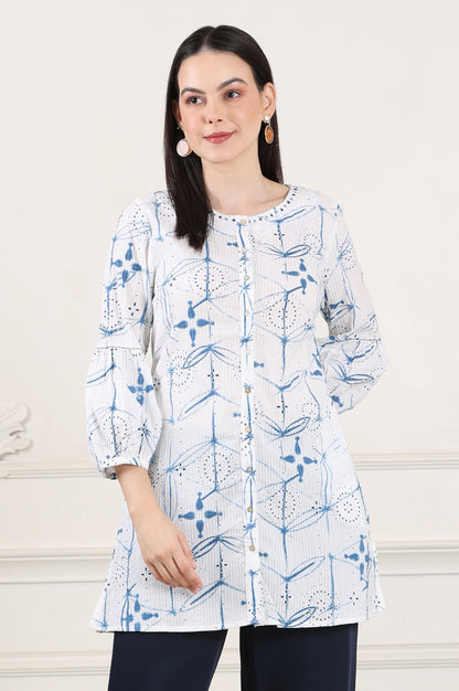 W for Woman White And Blue Printed Pure Cotton Button Down Tunic With Puffed Sleeves