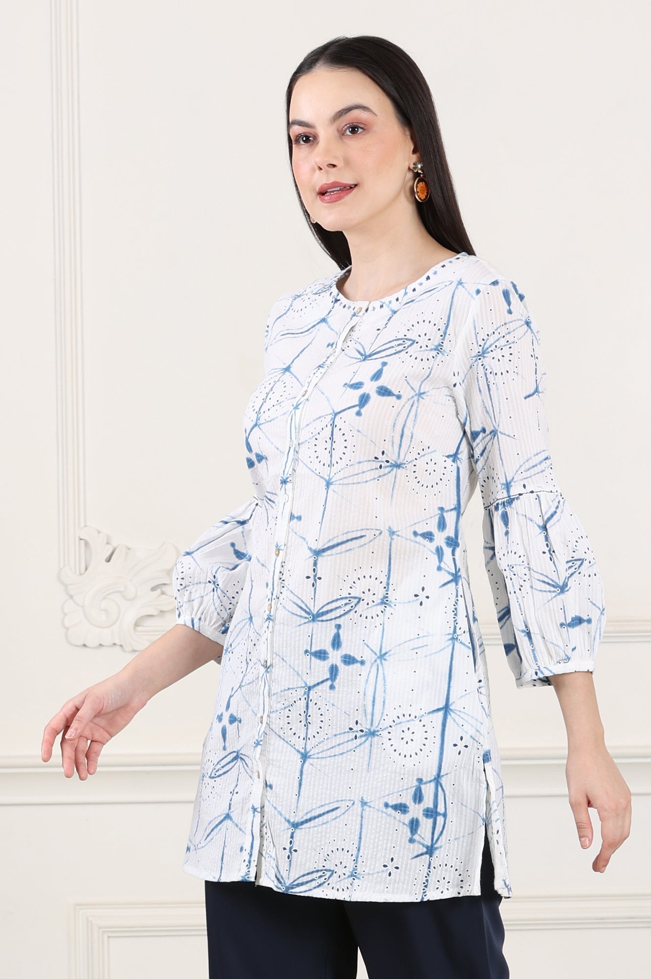 W for Woman White And Blue Printed Pure Cotton Button Down Tunic With Puffed Sleeves