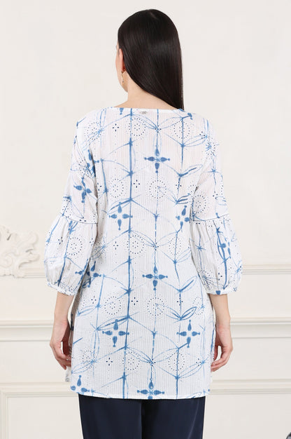 W for Woman White And Blue Printed Pure Cotton Button Down Tunic With Puffed Sleeves