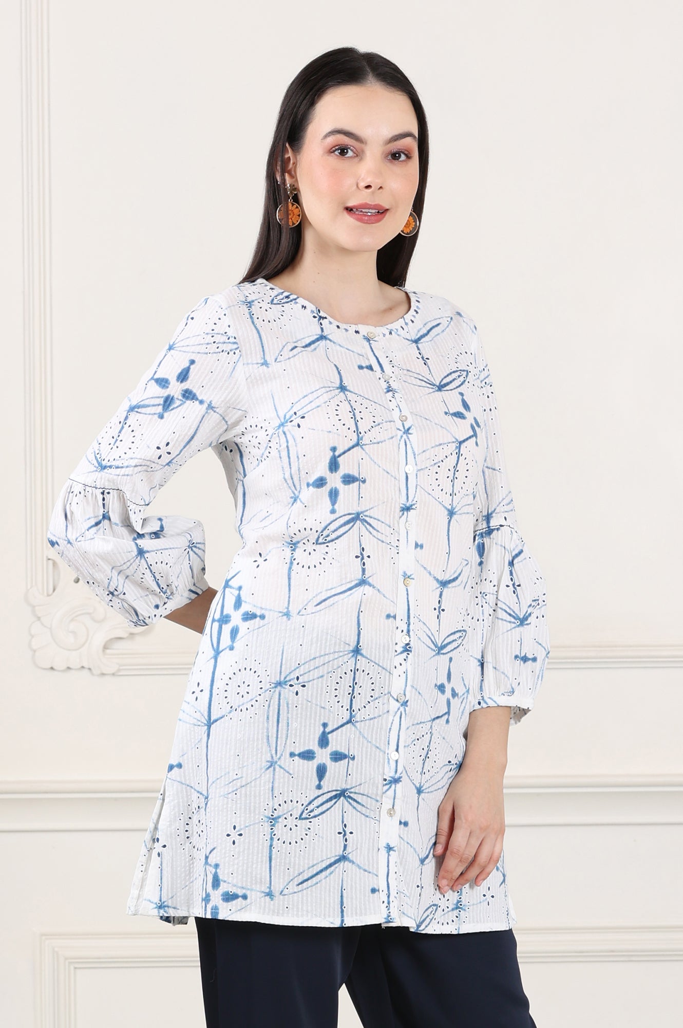 W for Woman White And Blue Printed Pure Cotton Button Down Tunic With Puffed Sleeves