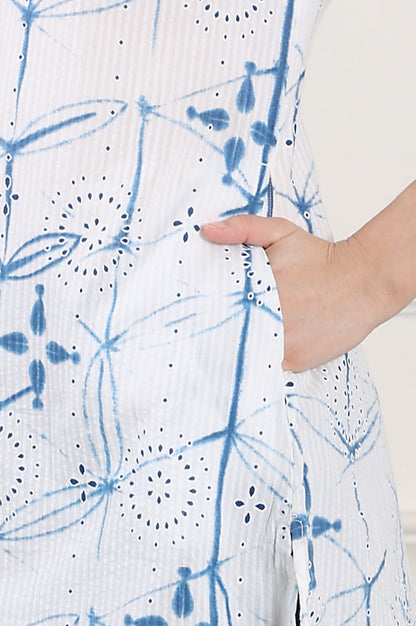 W for Woman White And Blue Printed Pure Cotton Button Down Tunic With Puffed Sleeves