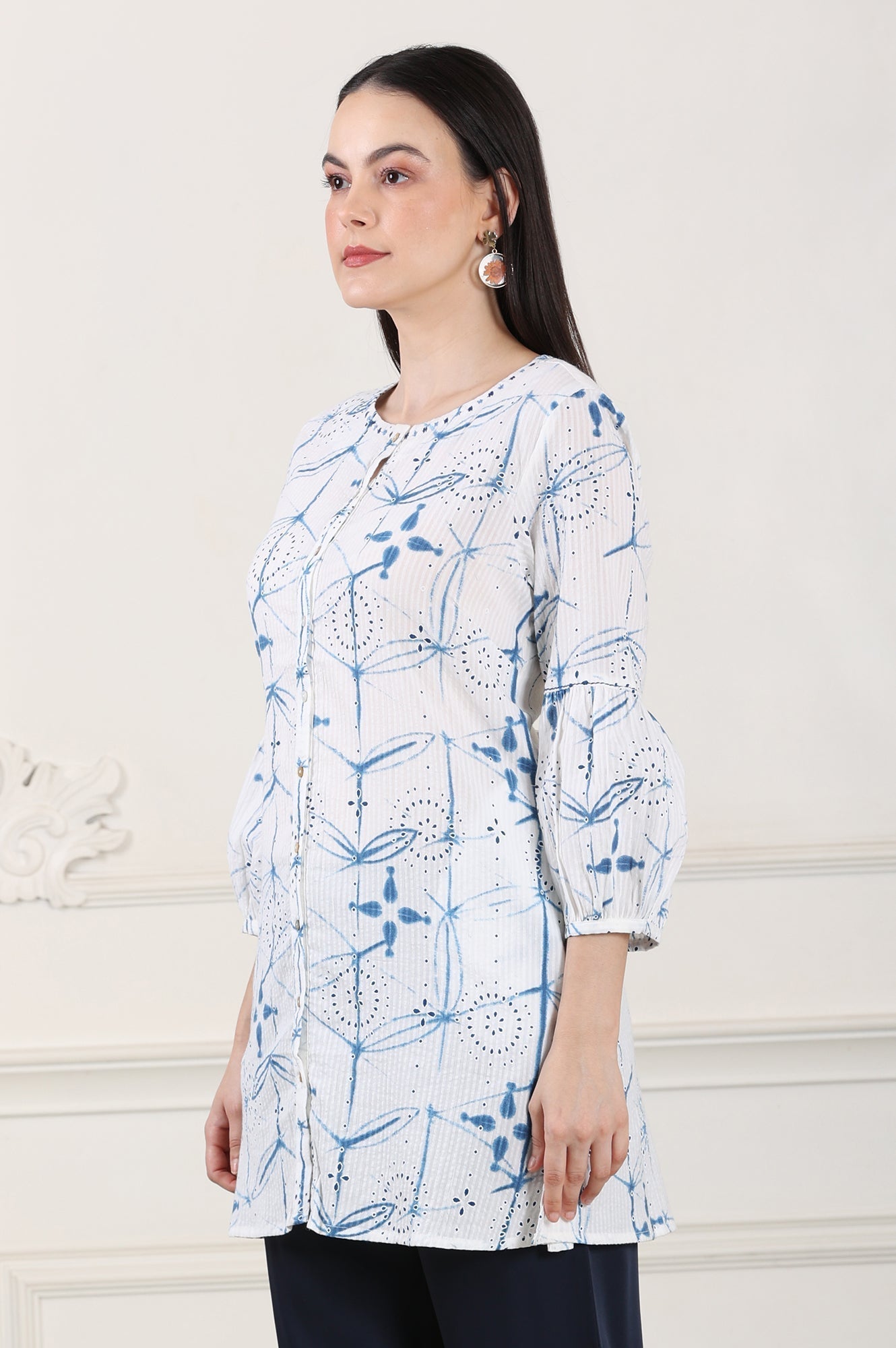 W for Woman White And Blue Printed Pure Cotton Button Down Tunic With Puffed Sleeves