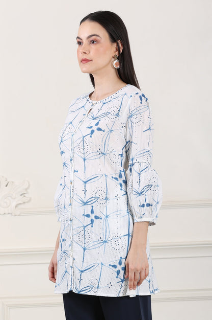 W for Woman White And Blue Printed Pure Cotton Button Down Tunic With Puffed Sleeves