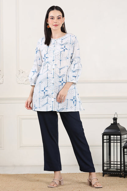 W for Woman White And Blue Printed Pure Cotton Button Down Tunic With Puffed Sleeves
