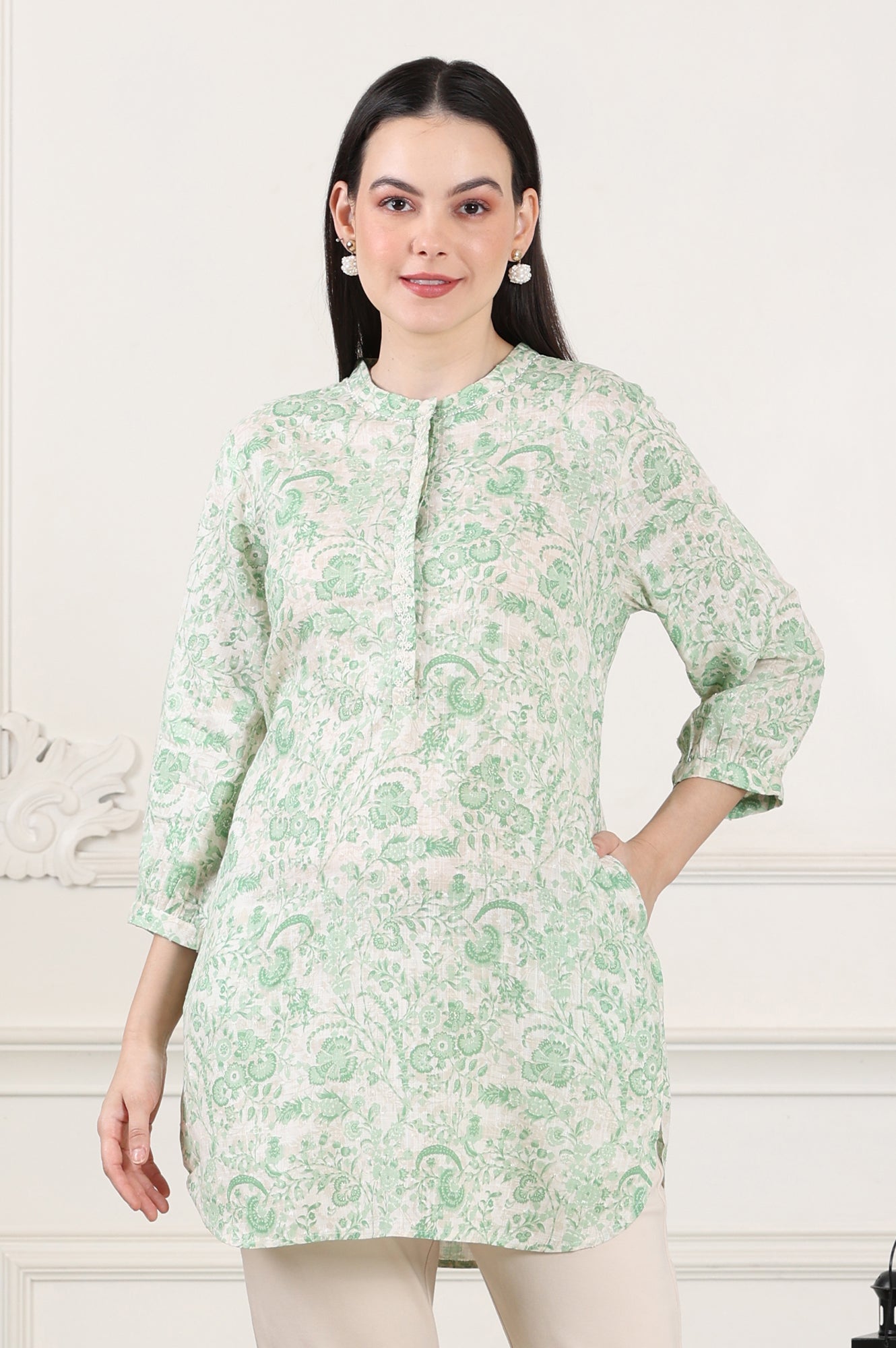 W for Woman White Floral Printed Swiss Dot Straight Tunic