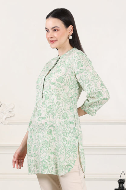 W for Woman White Floral Printed Swiss Dot Straight Tunic