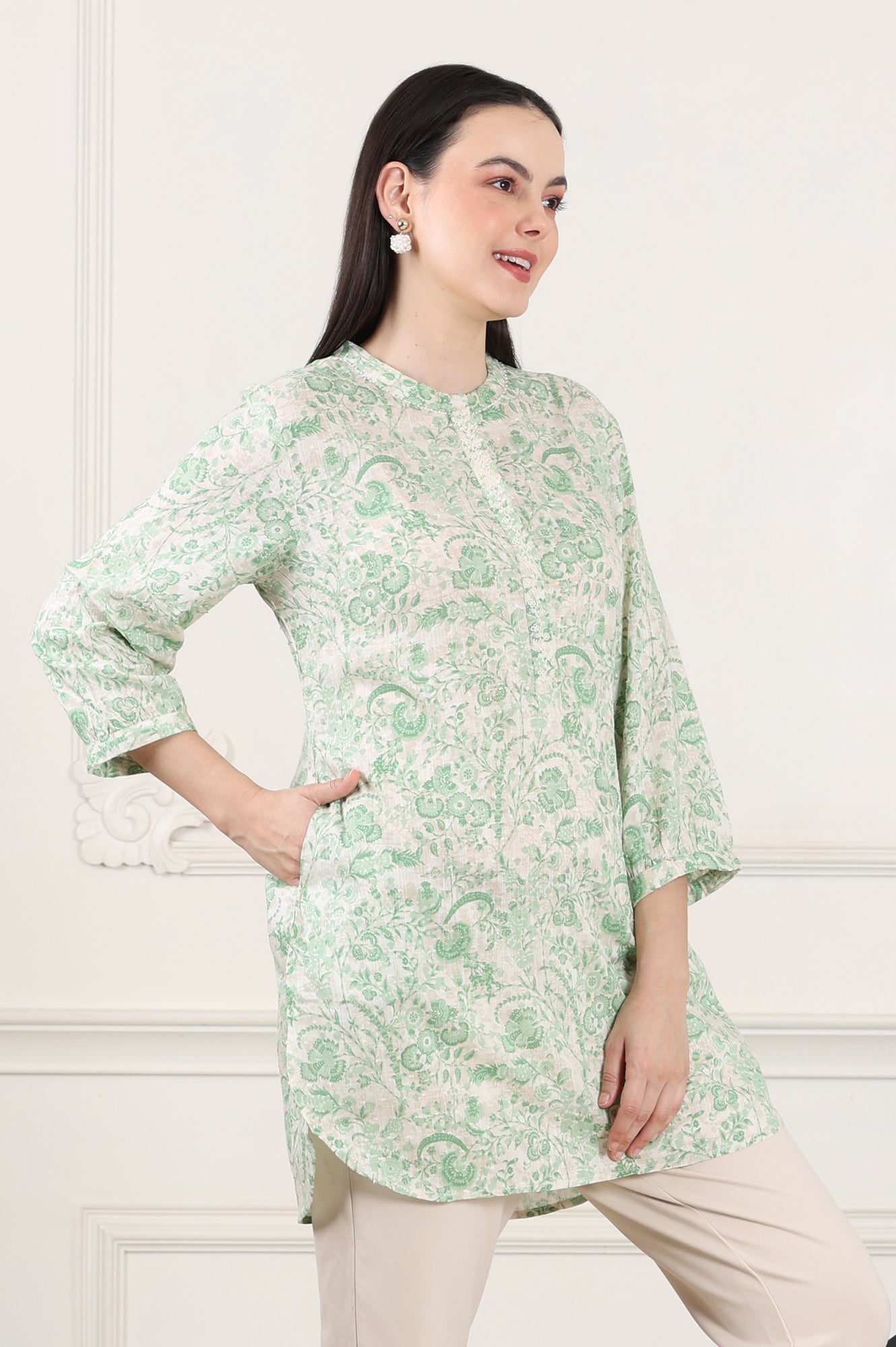 W for Woman White Floral Printed Swiss Dot Straight Tunic