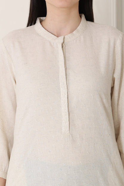 W for Woman White Solid Textured Cotton Flax Mandarin Collar Tunic