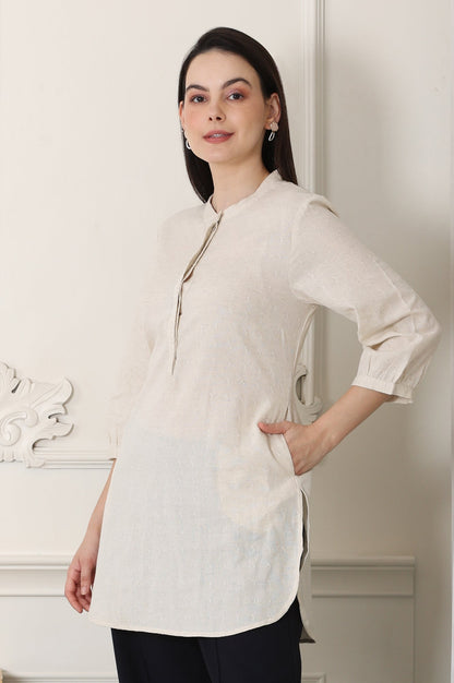 W for Woman White Solid Textured Cotton Flax Mandarin Collar Tunic