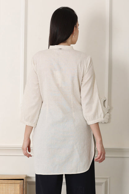 W for Woman White Solid Textured Cotton Flax Mandarin Collar Tunic