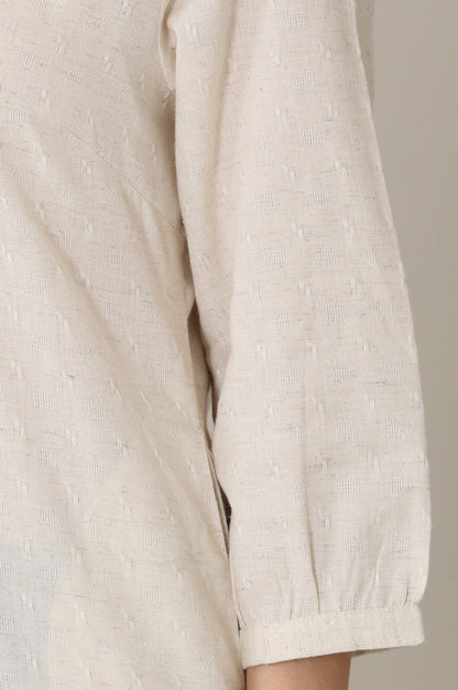 W for Woman White Solid Textured Cotton Flax Mandarin Collar Tunic