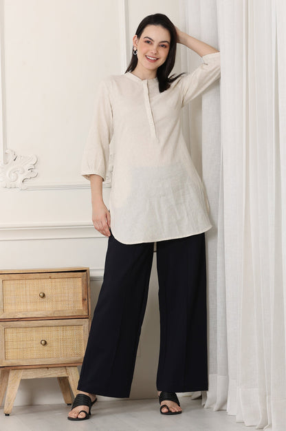 W for Woman White Solid Textured Cotton Flax Mandarin Collar Tunic