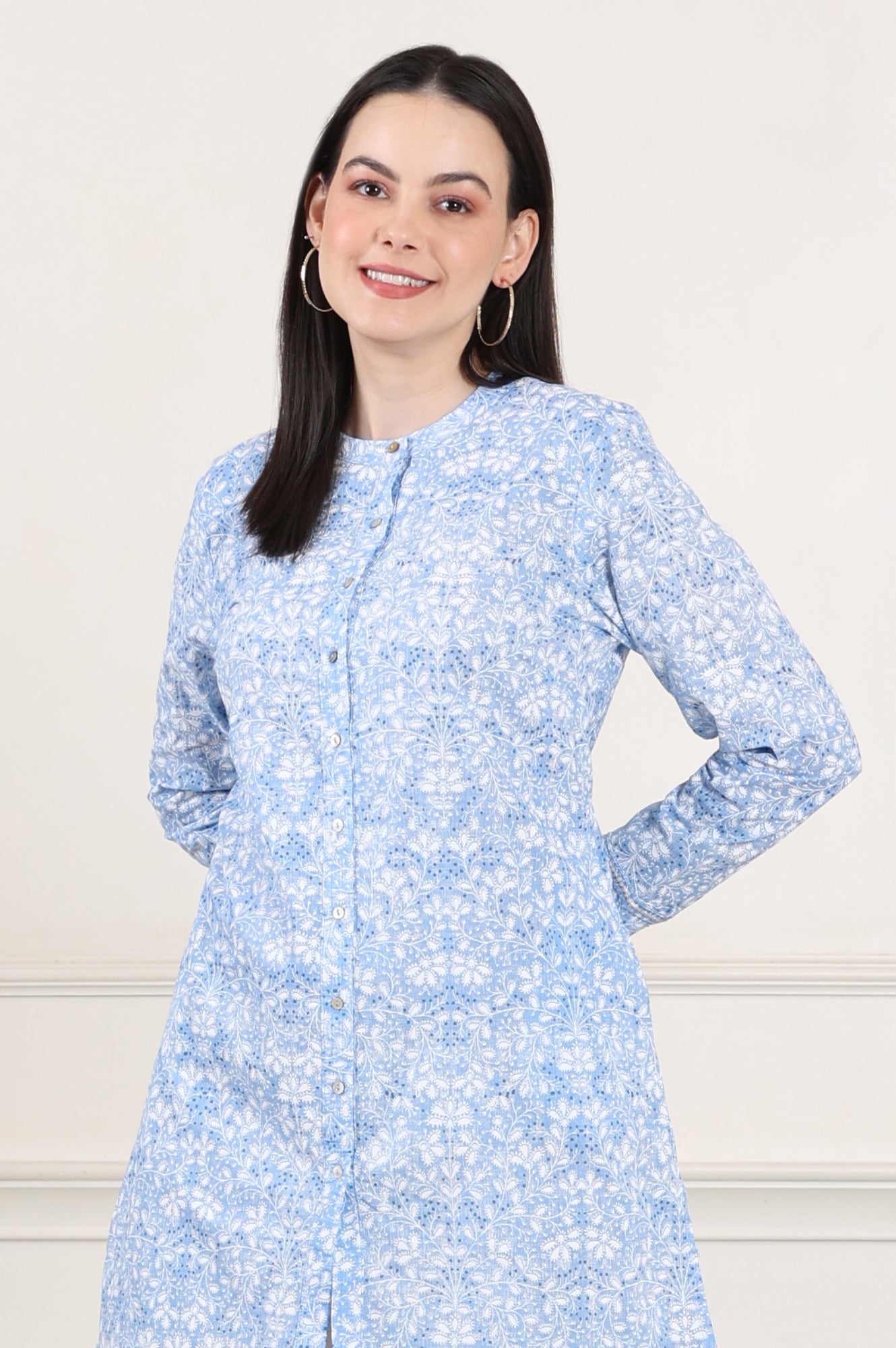 W for Woman Blue Floral Printed Mandarin Collar Pure Cotton Tunic