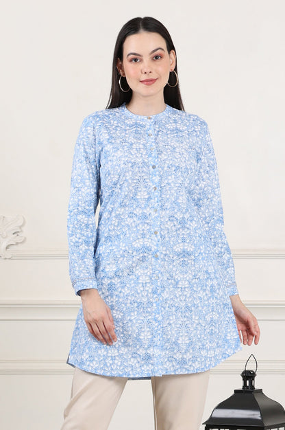W for Woman Blue Floral Printed Mandarin Collar Pure Cotton Tunic