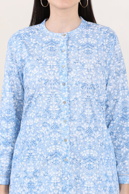 W for Woman Blue Floral Printed Mandarin Collar Pure Cotton Tunic