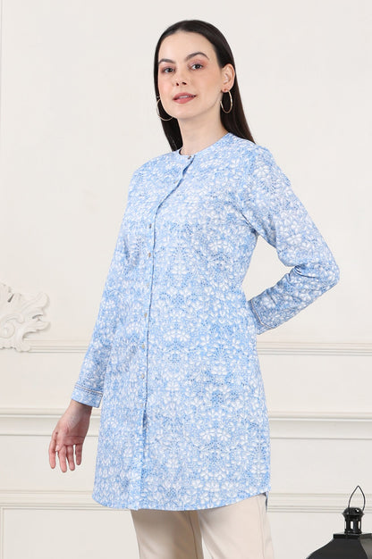 W for Woman Blue Floral Printed Mandarin Collar Pure Cotton Tunic