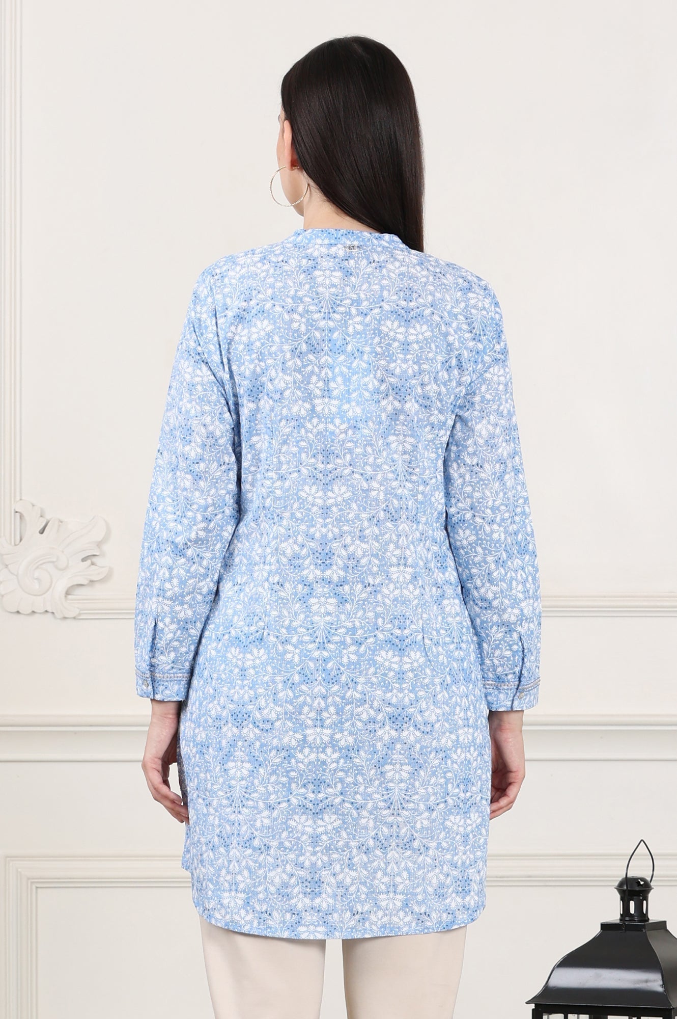 W for Woman Blue Floral Printed Mandarin Collar Pure Cotton Tunic
