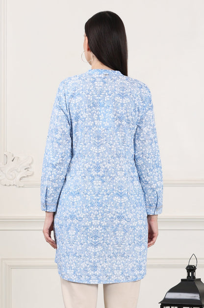 W for Woman Blue Floral Printed Mandarin Collar Pure Cotton Tunic