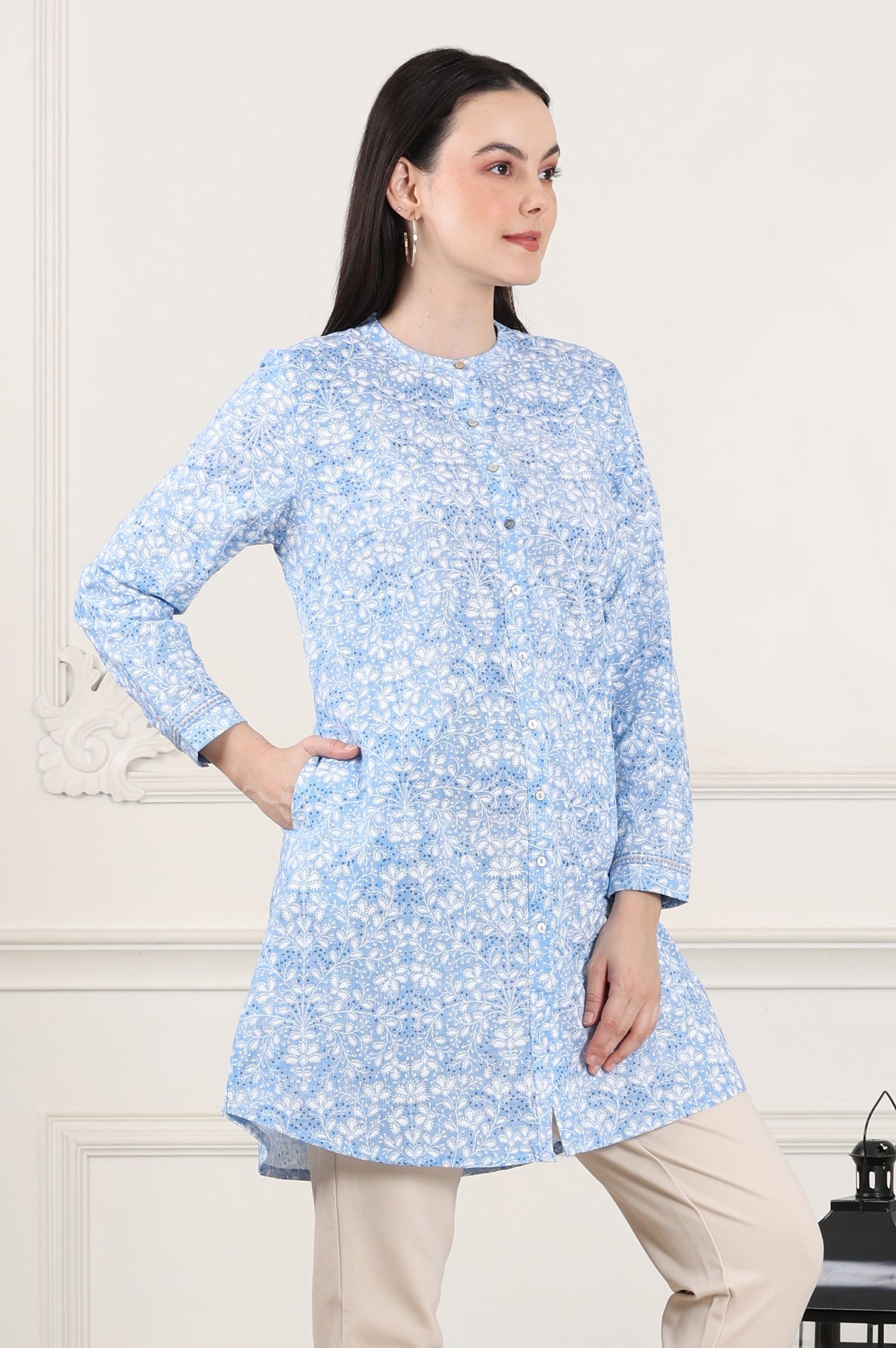 W for Woman Blue Floral Printed Mandarin Collar Pure Cotton Tunic