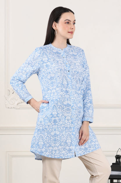 W for Woman Blue Floral Printed Mandarin Collar Pure Cotton Tunic