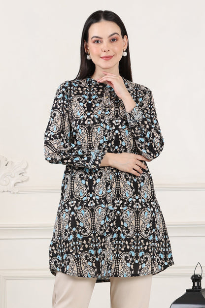 W for Woman Black Floral Printed Pure Cotton Shirt Collar Tunic
