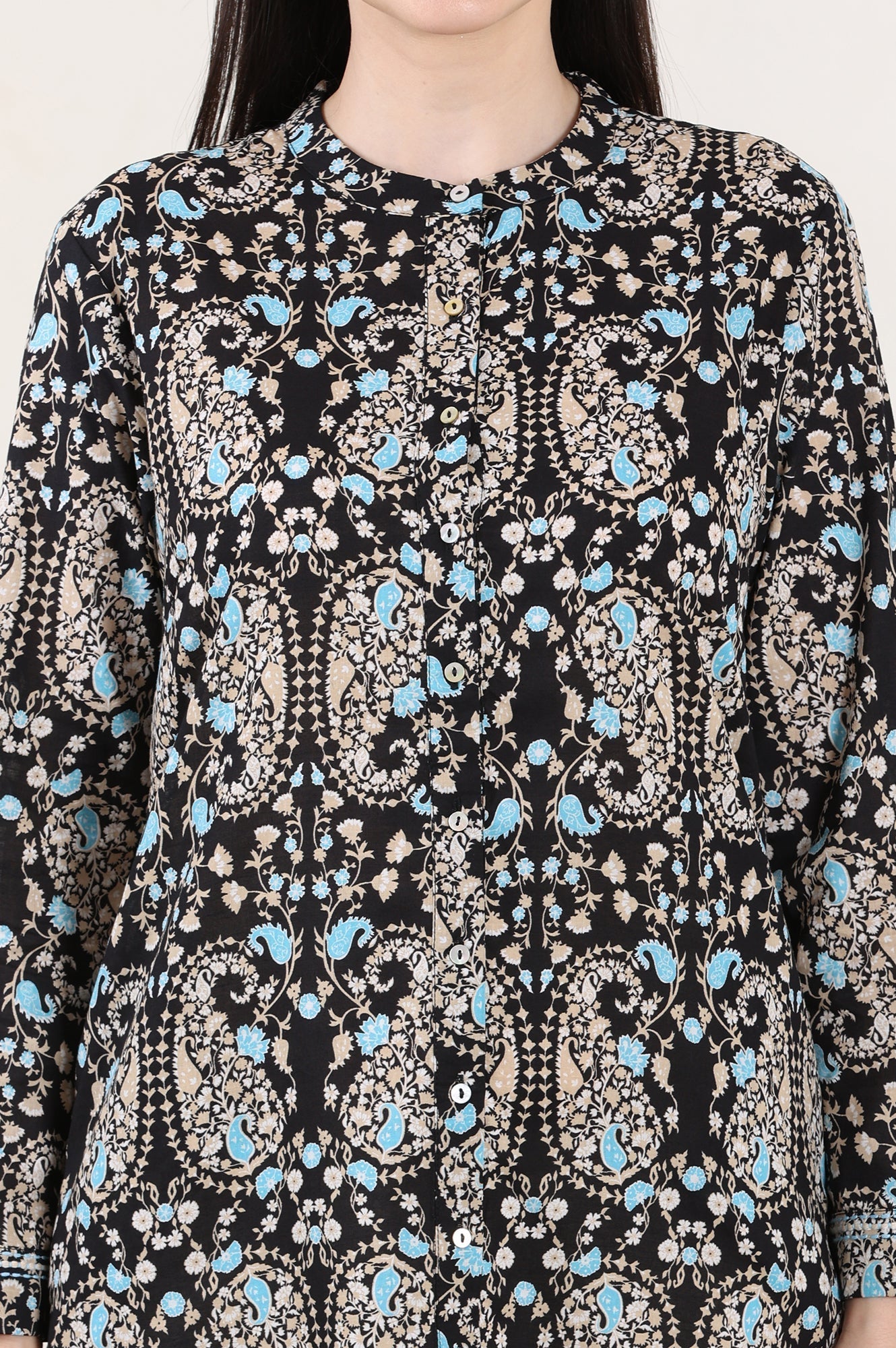 W for Woman Black Floral Printed Pure Cotton Shirt Collar Tunic