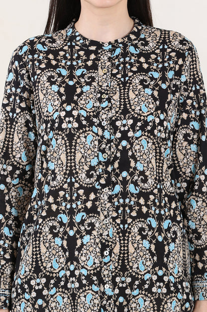 W for Woman Black Floral Printed Pure Cotton Shirt Collar Tunic
