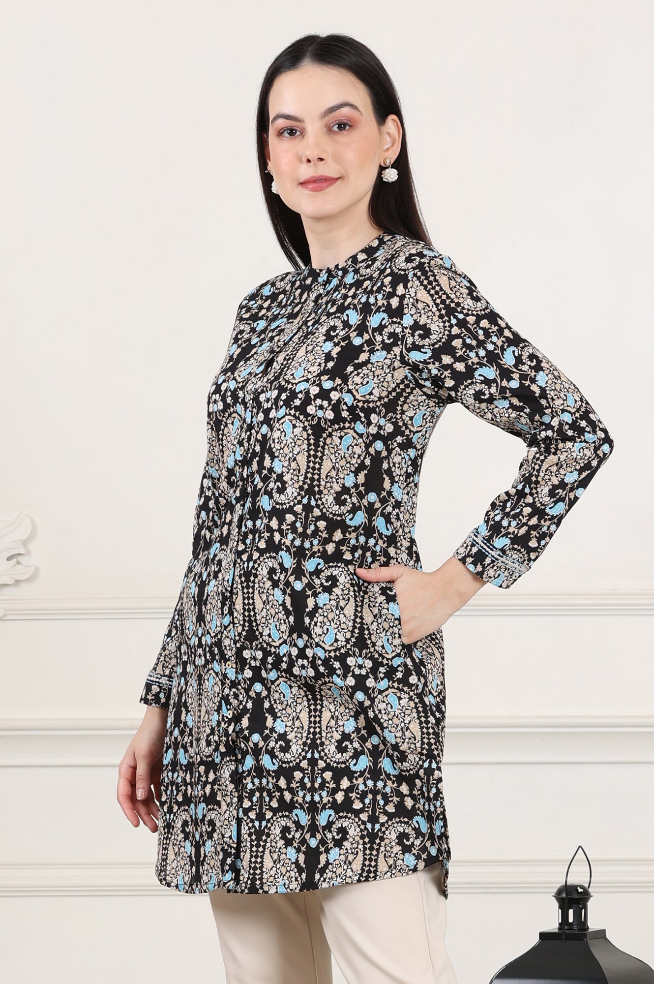 W for Woman Black Floral Printed Pure Cotton Shirt Collar Tunic