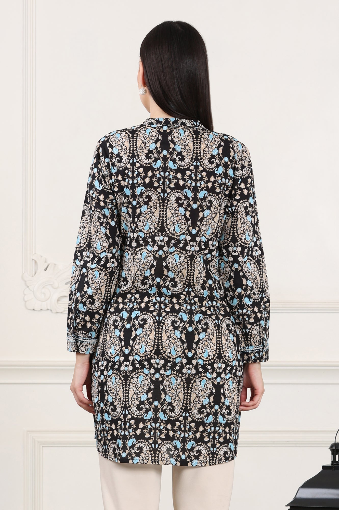 W for Woman Black Floral Printed Pure Cotton Shirt Collar Tunic