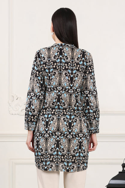 W for Woman Black Floral Printed Pure Cotton Shirt Collar Tunic