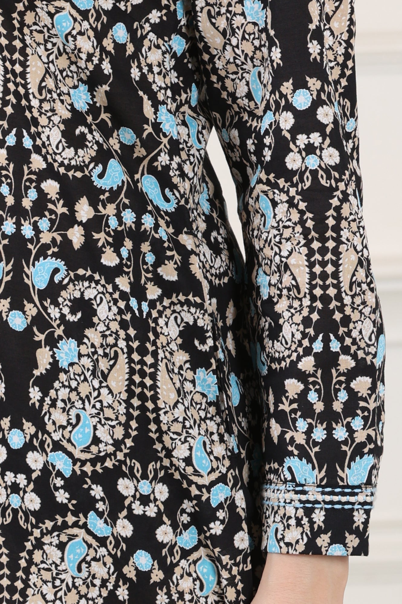 W for Woman Black Floral Printed Pure Cotton Shirt Collar Tunic