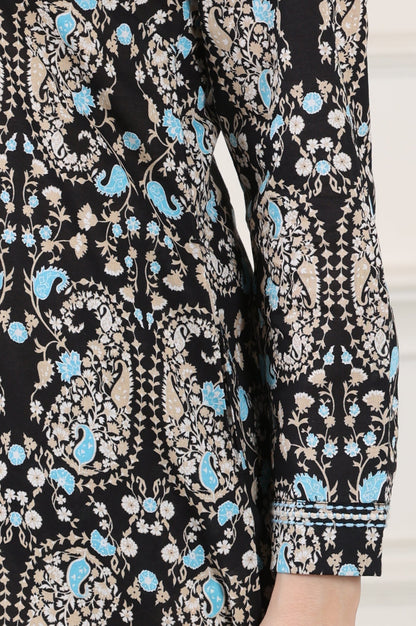 W for Woman Black Floral Printed Pure Cotton Shirt Collar Tunic