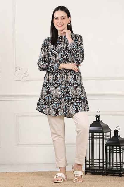 W for Woman Black Floral Printed Pure Cotton Shirt Collar Tunic