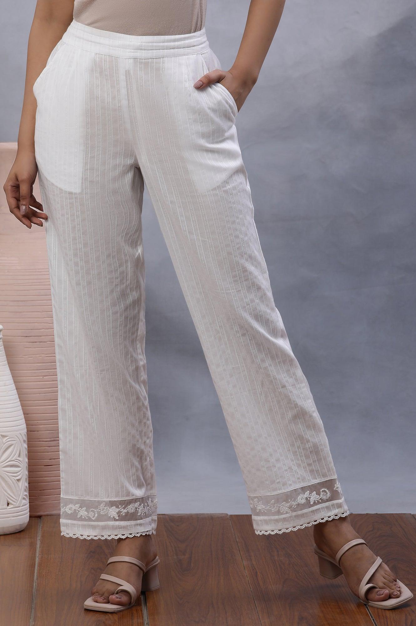 W for Woman Ecru Lurex Stripes Pants With Embroidered Hemline