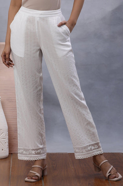 W for Woman Ecru Lurex Stripes Pants With Embroidered Hemline