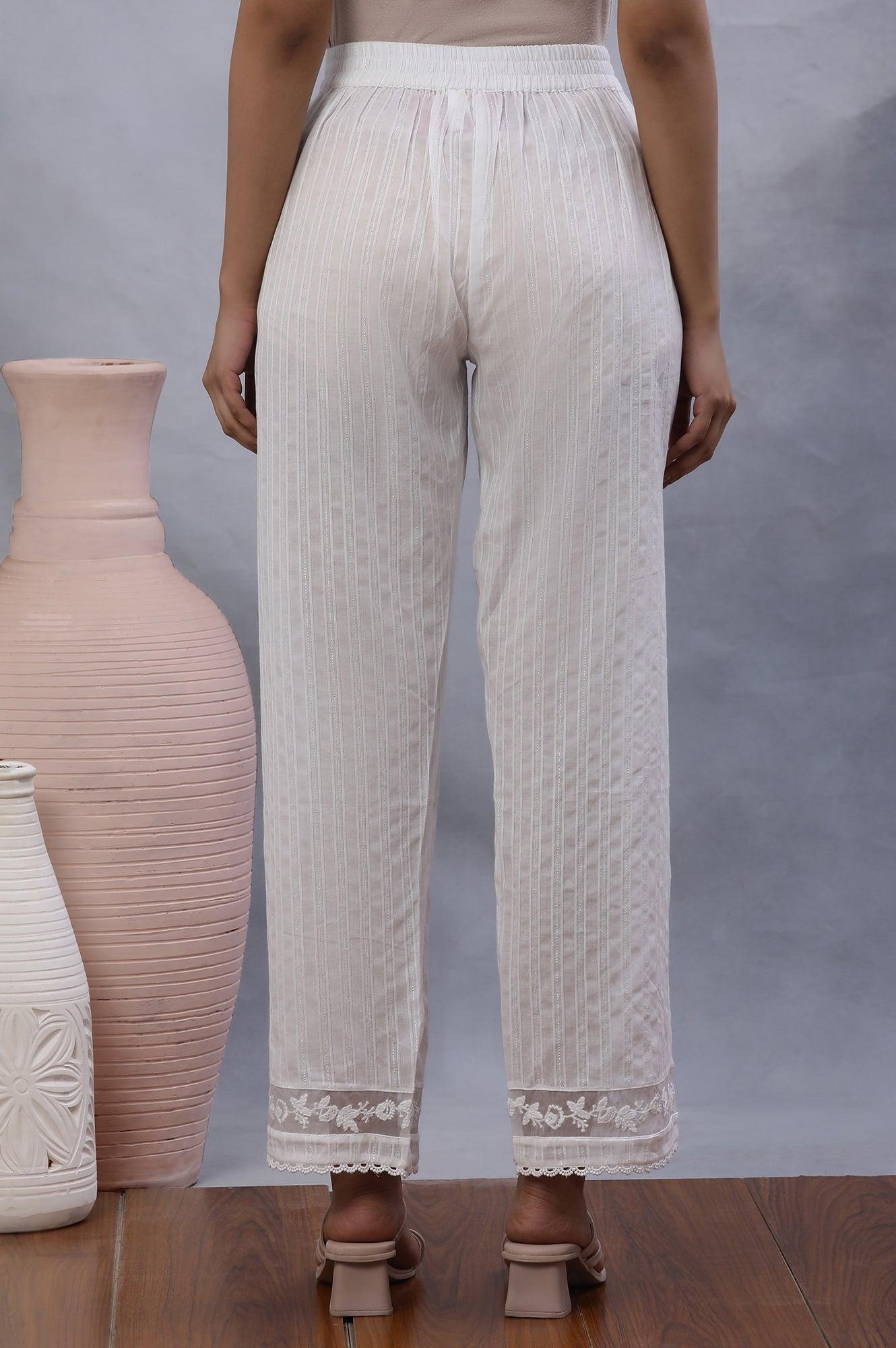 W for Woman Ecru Lurex Stripes Pants With Embroidered Hemline